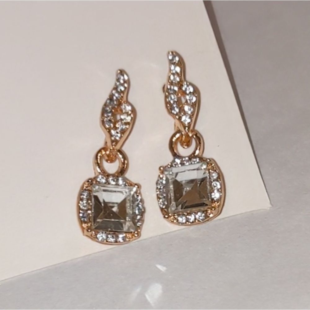 Yellow Gold Faux Diamond Drop Earrings Asscher Cut & Pave Stones
